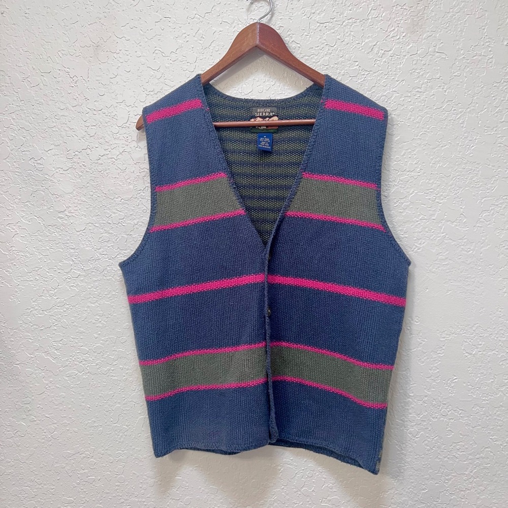 High Sierra Vintage Striped Knit Sweater Vest Navy Ramie M Cottage Grannycore